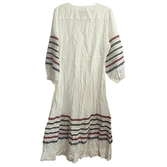SEEMA KAHAI MAXI DRESS SIZE LARGE WHITE 100% LINEN LONG SLEEVE STRIPE DETAIL - Picture 2 of 5